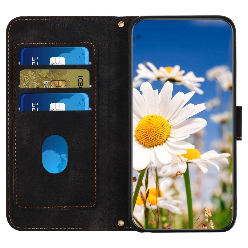 iPhone 15 Pro Leather Flip Case with Wallet and Strap - Black with Flowers