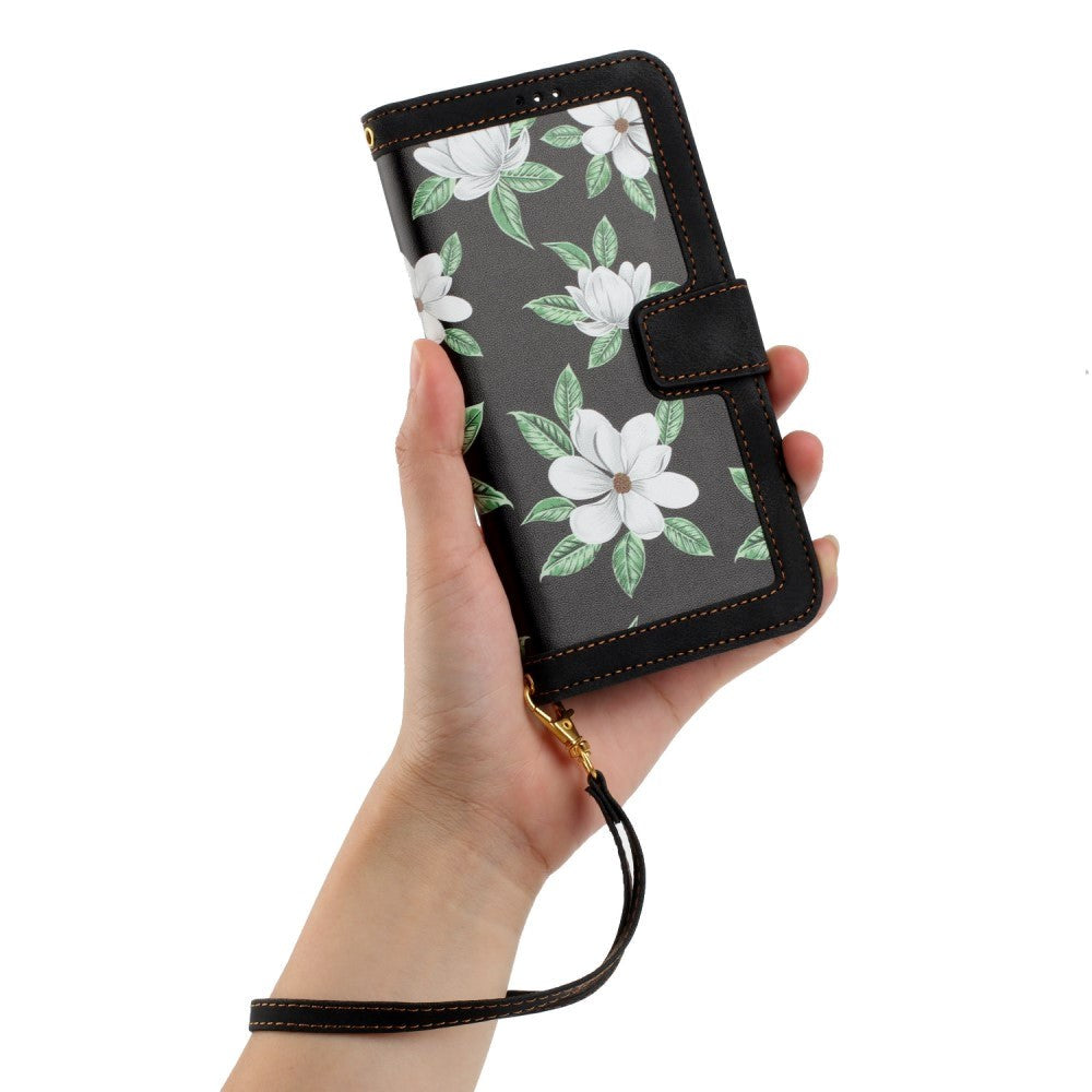 iPhone 15 Pro Leather Flip Case with Wallet and Strap - Black with Flowers