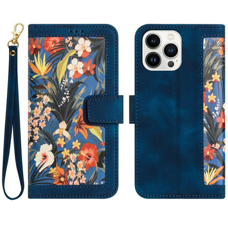 iPhone 15 Pro Leather Flip Case with Wallet and Strap - Dark Blue with Flowers