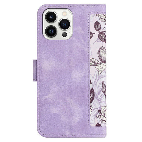 iPhone 15 Leather Flip Case with Wallet and Strap - Purple with Flowers