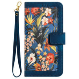 iPhone 15 Leather Flip Case with Wallet and Strap - Dark Blue with Flowers