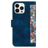 iPhone 15 Leather Flip Case with Wallet and Strap - Dark Blue with Flowers