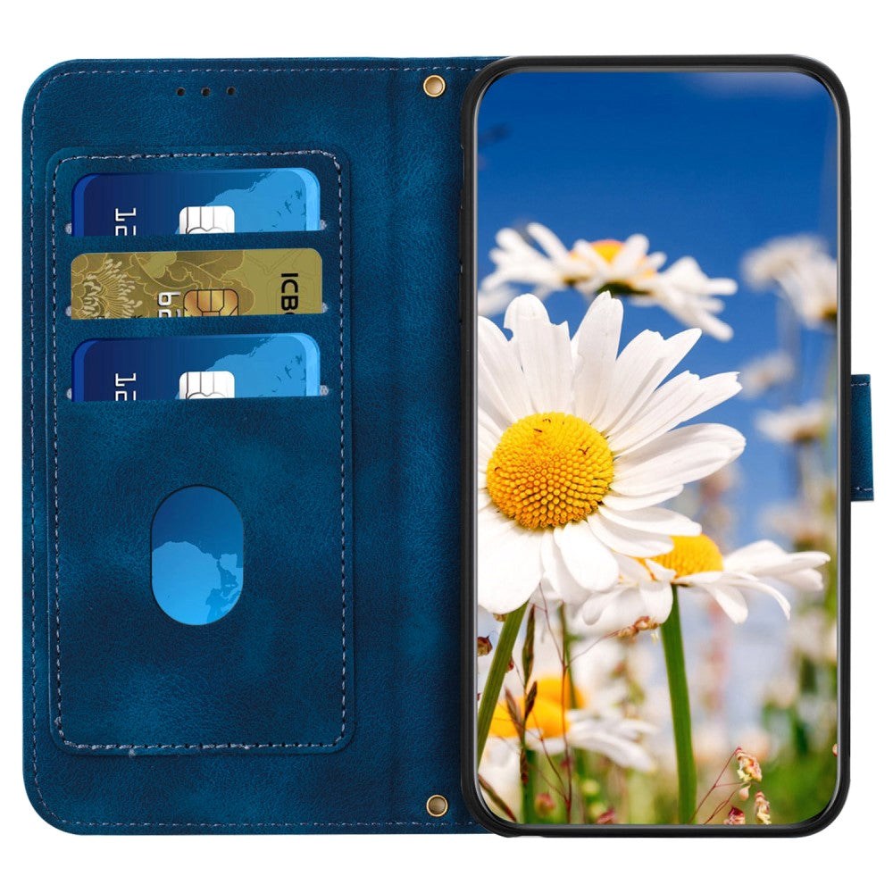 iPhone 15 Leather Flip Case with Wallet and Strap - Dark Blue with Flowers