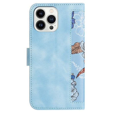 iPhone 15 Leather Flip Case with Wallet and Strap - Blue with Flowers