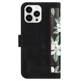 iPhone 15 Leather Flip Case with Wallet and Strap - Black with Flowers