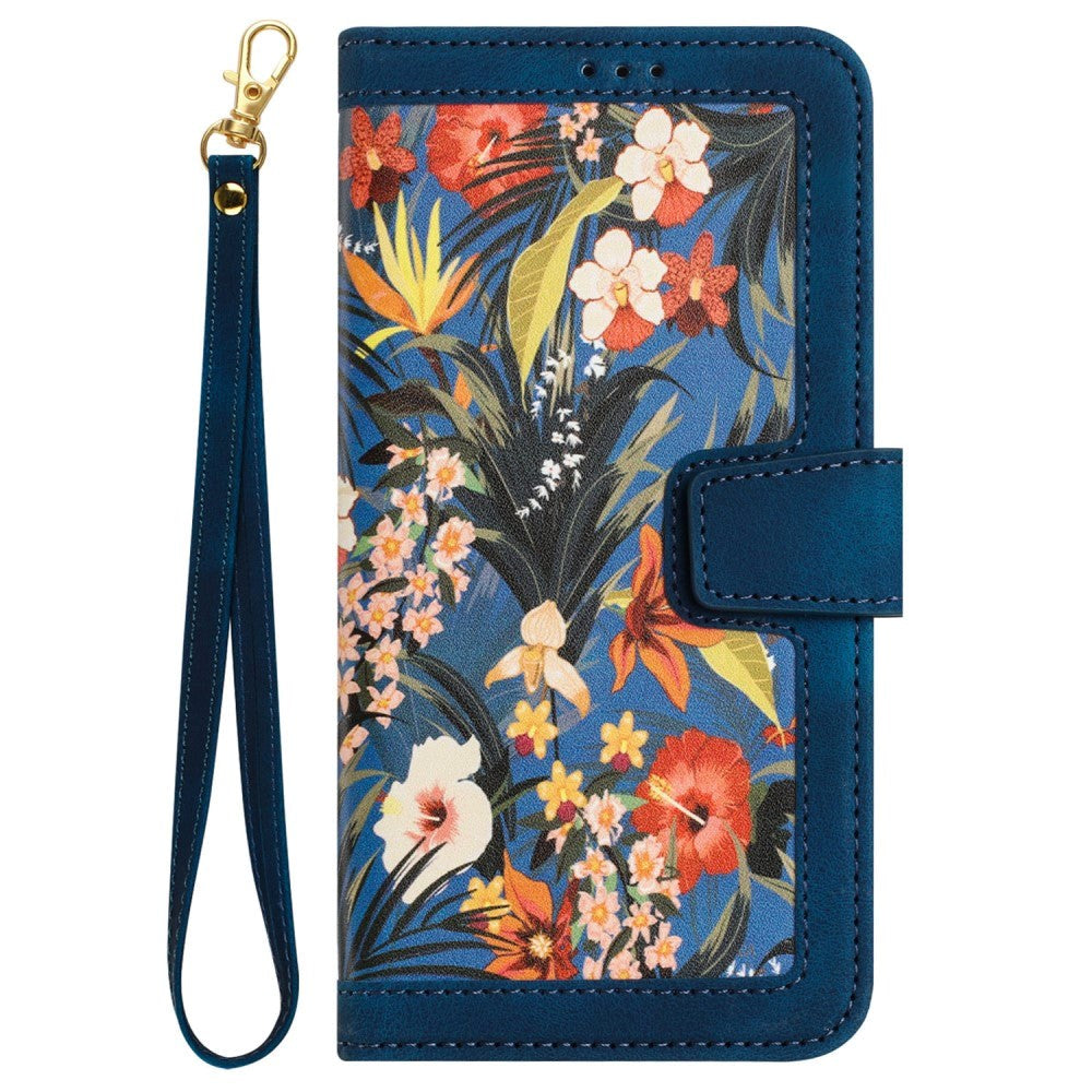 iPhone 15 Plus Leather Flip Case with Wallet and Strap - Dark Blue with Flowers