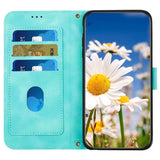 iPhone 15 Plus Leather Flip Case with Wallet and Strap - Green with Flowes