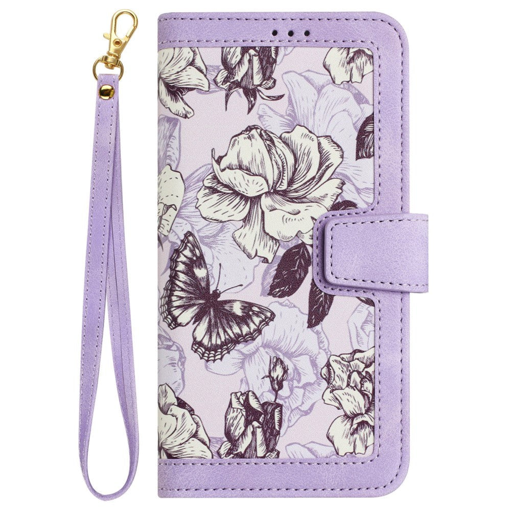 iPhone 15 Pro Max Leather Flip Case with Wallet and Strap - Purple with Flowers