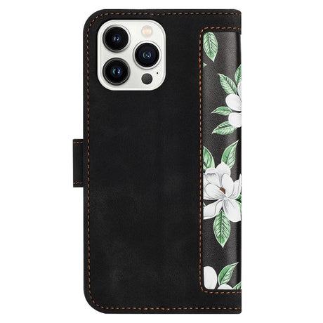 iPhone 15 Plus Leather Flip Case with Wallet and Strap - Black with Flowers