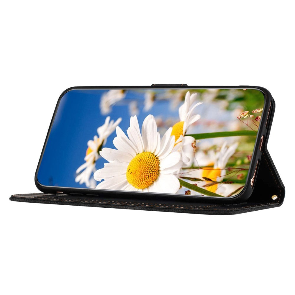 iPhone 15 Pro Max Leather Flip Case with Wallet and Strap - Black with Flowes