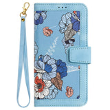 iPhone 15 Pro Max Leather Flip Case with Wallet and Strap - Light Blue with Flowers