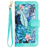 iPhone 15 Pro Max Leather Flip Case with Wallet and Strap - Turquoise with Flowers and Leaves