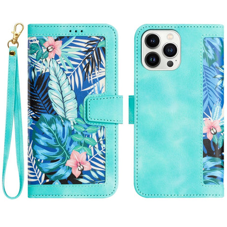 iPhone 15 Pro Max Leather Flip Case with Wallet and Strap - Turquoise with Flowers and Leaves