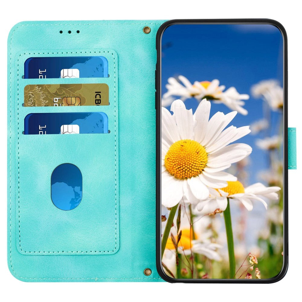 iPhone 15 Pro Max Leather Flip Case with Wallet and Strap - Turquoise with Flowers and Leaves