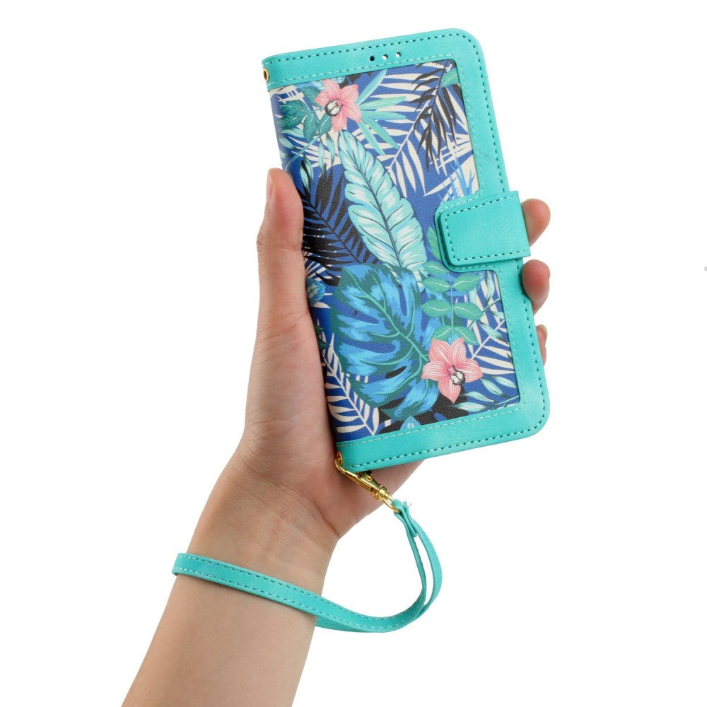 iPhone 15 Pro Max Leather Flip Case with Wallet and Strap - Turquoise with Flowers and Leaves