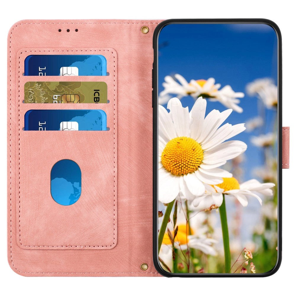 iPhone 15 Pro Max Leather Flip Case with Wallet and Strap - Pink with Flowers