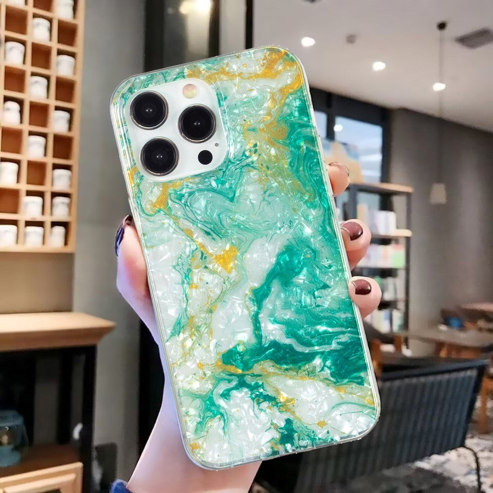 iPhone 15 Pro Flexible Plastic Case - Green and Gold Marble