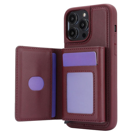 iPhone 15 Leather Covered Plastic Case w. Magnetic Detachable Wallet - Wine Red