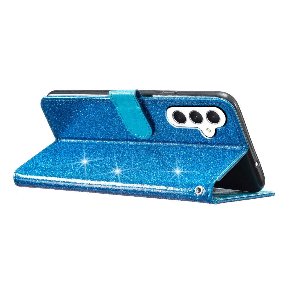 Samsung Galaxy S23 FE Leather Flip Case with Wallet and Strap - Glitter - Blue