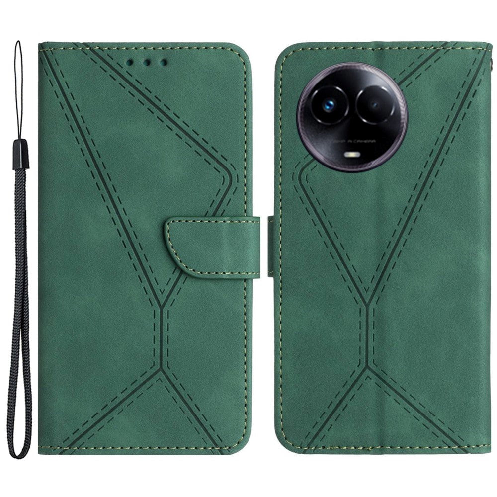 Realme 11 5G Patterned Leather Case with Wallet and Strap - Green