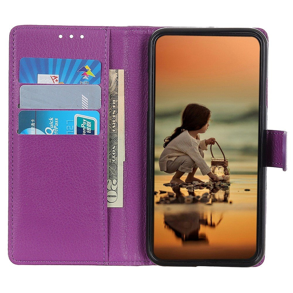 Sony Xperia 5 V Litchi Leather Flip Case w. Wallet - Purple