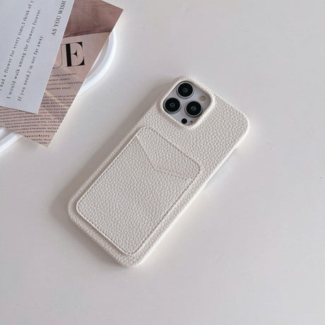 iPhone 15 Litchi Leather Covered Plastic Case with Card Holder - White