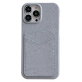 iPhone 15 Litchi Leather Covered Plastic Case with Card Holder - Grey