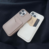 iPhone 15 Litchi Leather Covered Plastic Case with Card Holder - Grey