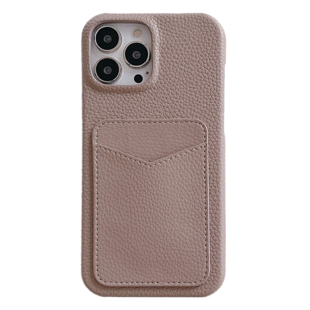 iPhone 15 Litchi Leather Covered Plastic Case with Card Holder - Brown