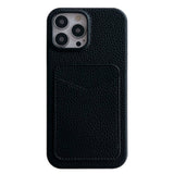 iPhone 15 Litchi Leather Covered Plastic Case with Card Holder - Black