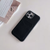 iPhone 15 Litchi Leather Covered Plastic Case with Card Holder - Black