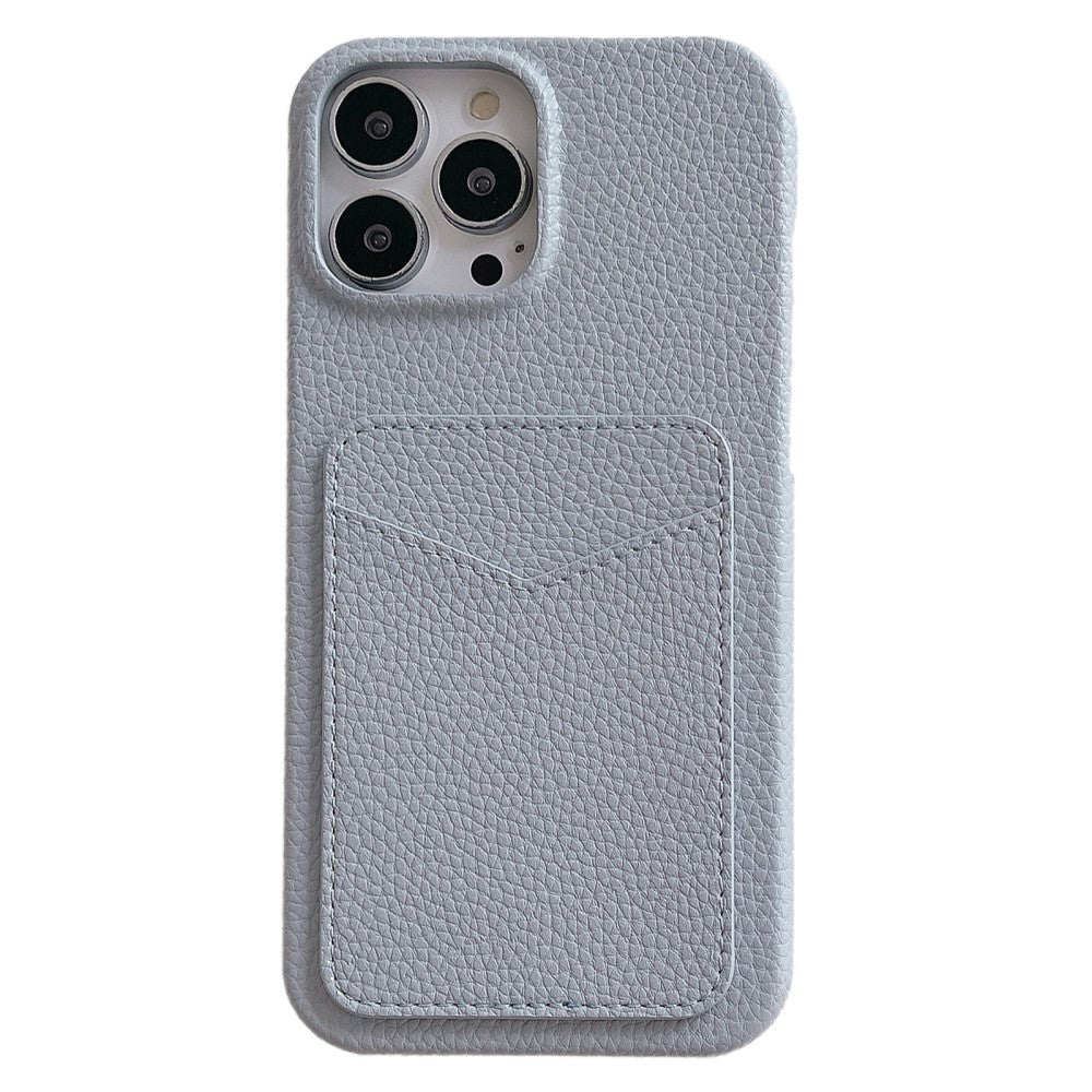 iPhone 15 Pro Litchi Leather Covered Plastic Case with Card Holder - Grey