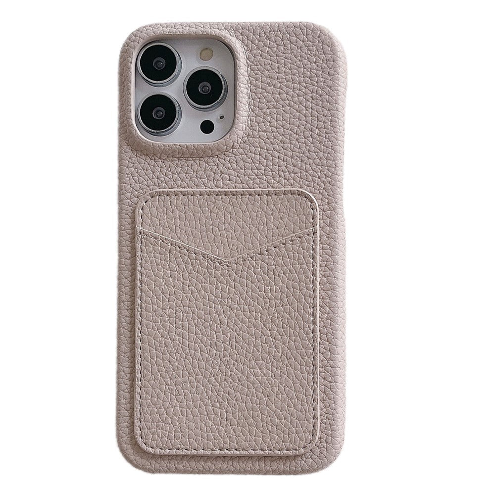 iPhone 15 Pro Litchi Leather Covered Plastic Case with Card Holder - Beige