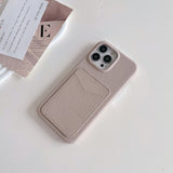 iPhone 15 Pro Litchi Leather Covered Plastic Case with Card Holder - Beige