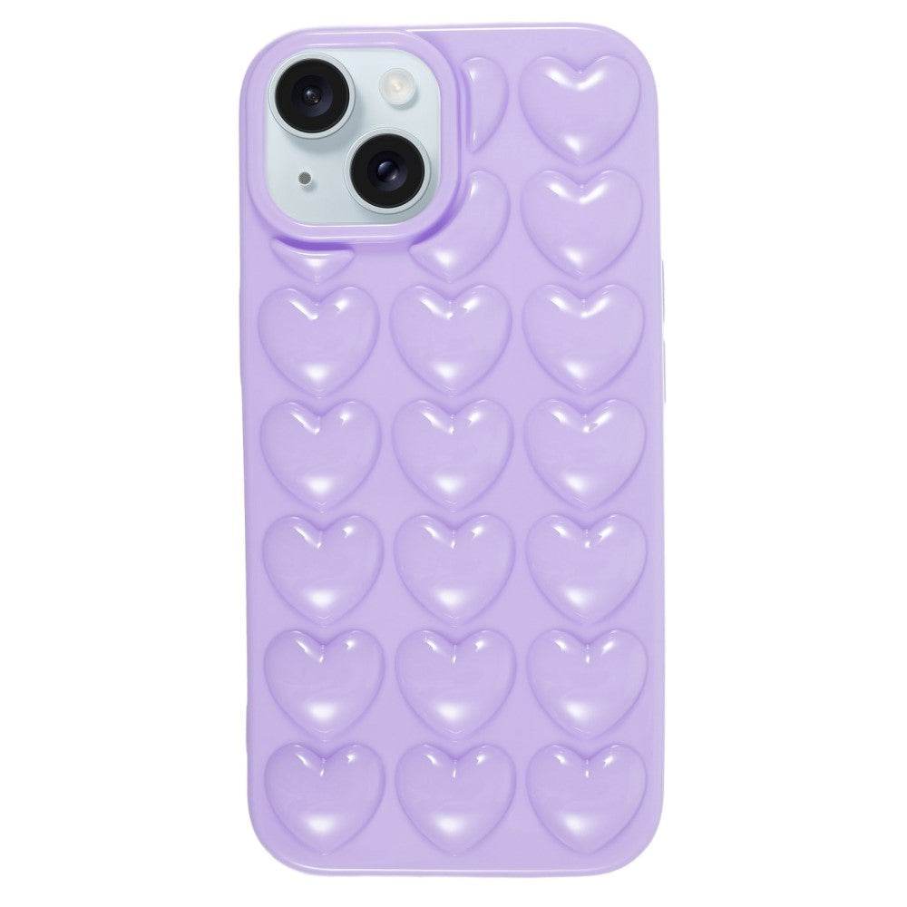 iPhone 15 Flexible Plastic Case w. Small Hearts - Purple