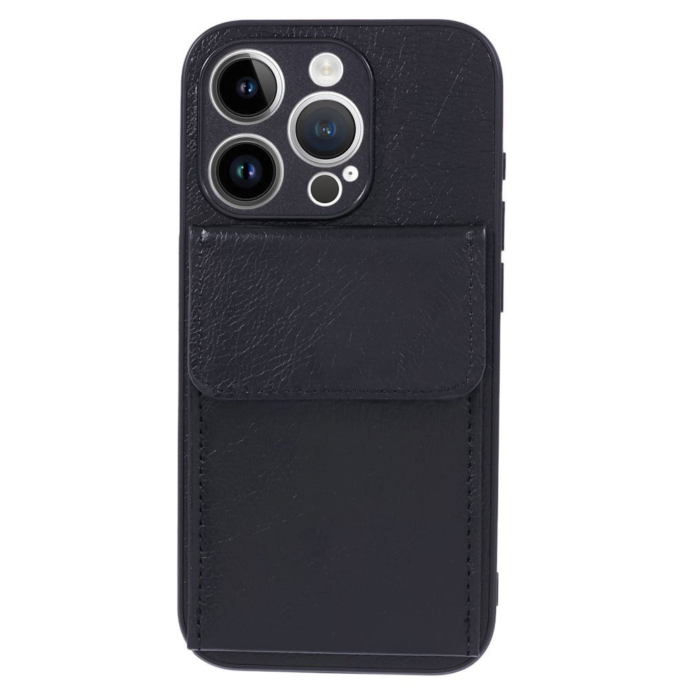 iPhone 15 Pro Leather Covered Plastic Case with Card Holder - Black