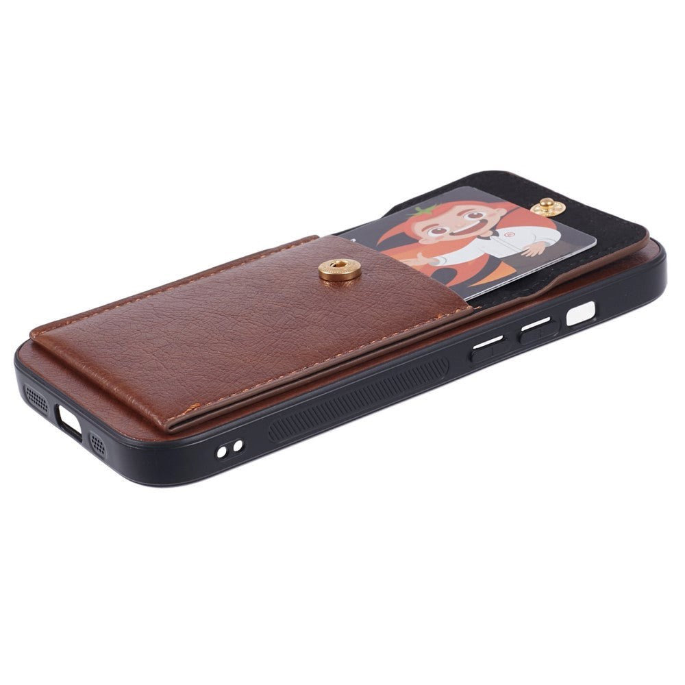 iPhone 15 Leather Covered Plastic Case with Card Holder - Brown