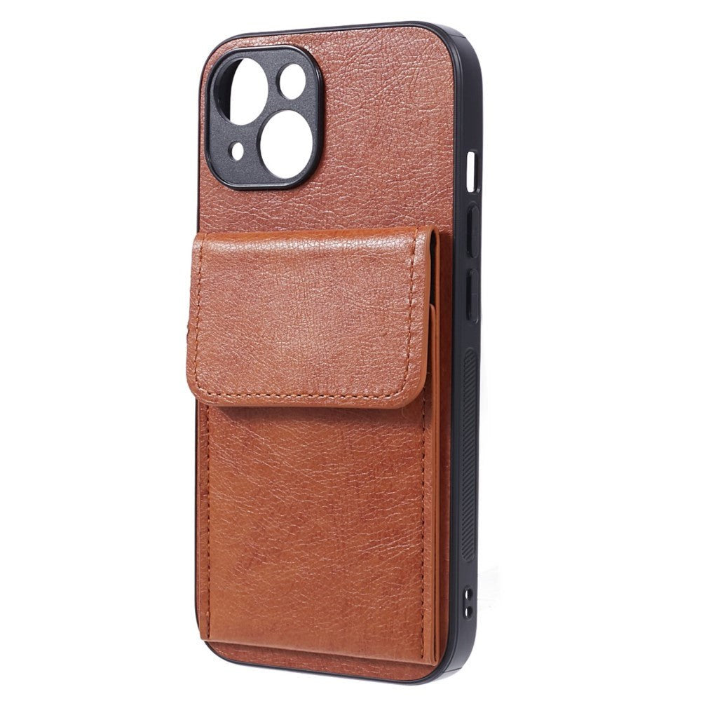 iPhone 15 Leather Covered Plastic Case with Card Holder - Light Brown