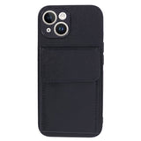 iPhone 15 Leather Covered Plastic Case with Card Holder - Black