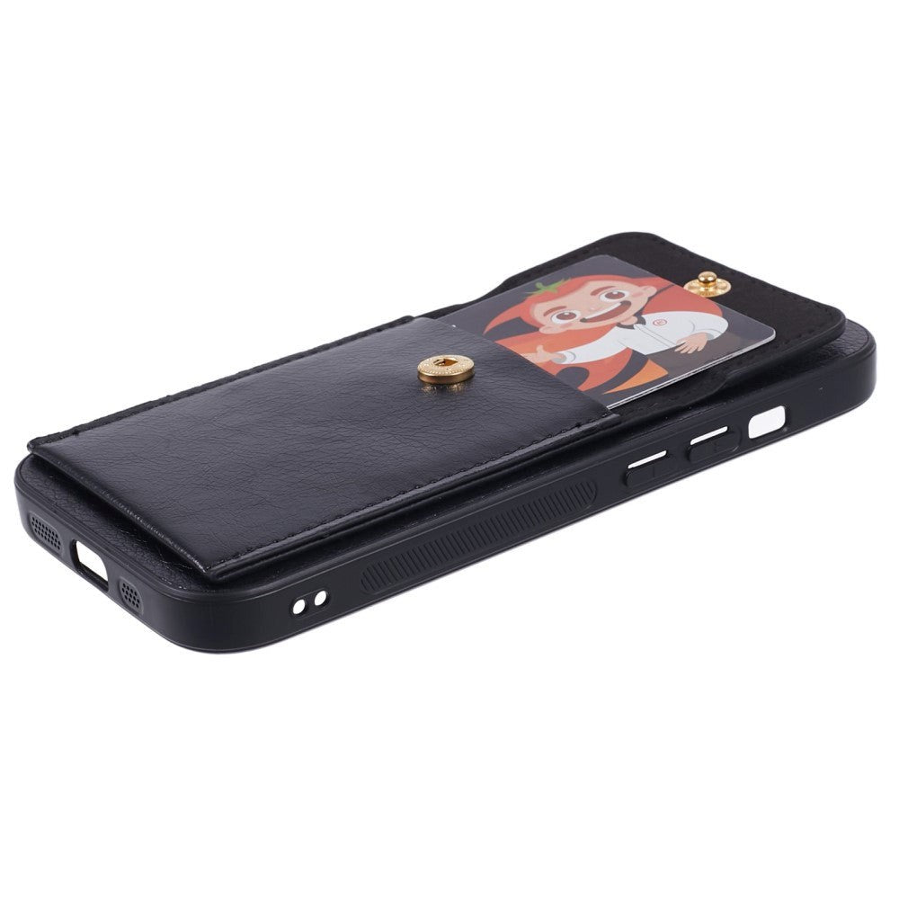 iPhone 15 Leather Covered Plastic Case with Card Holder - Black