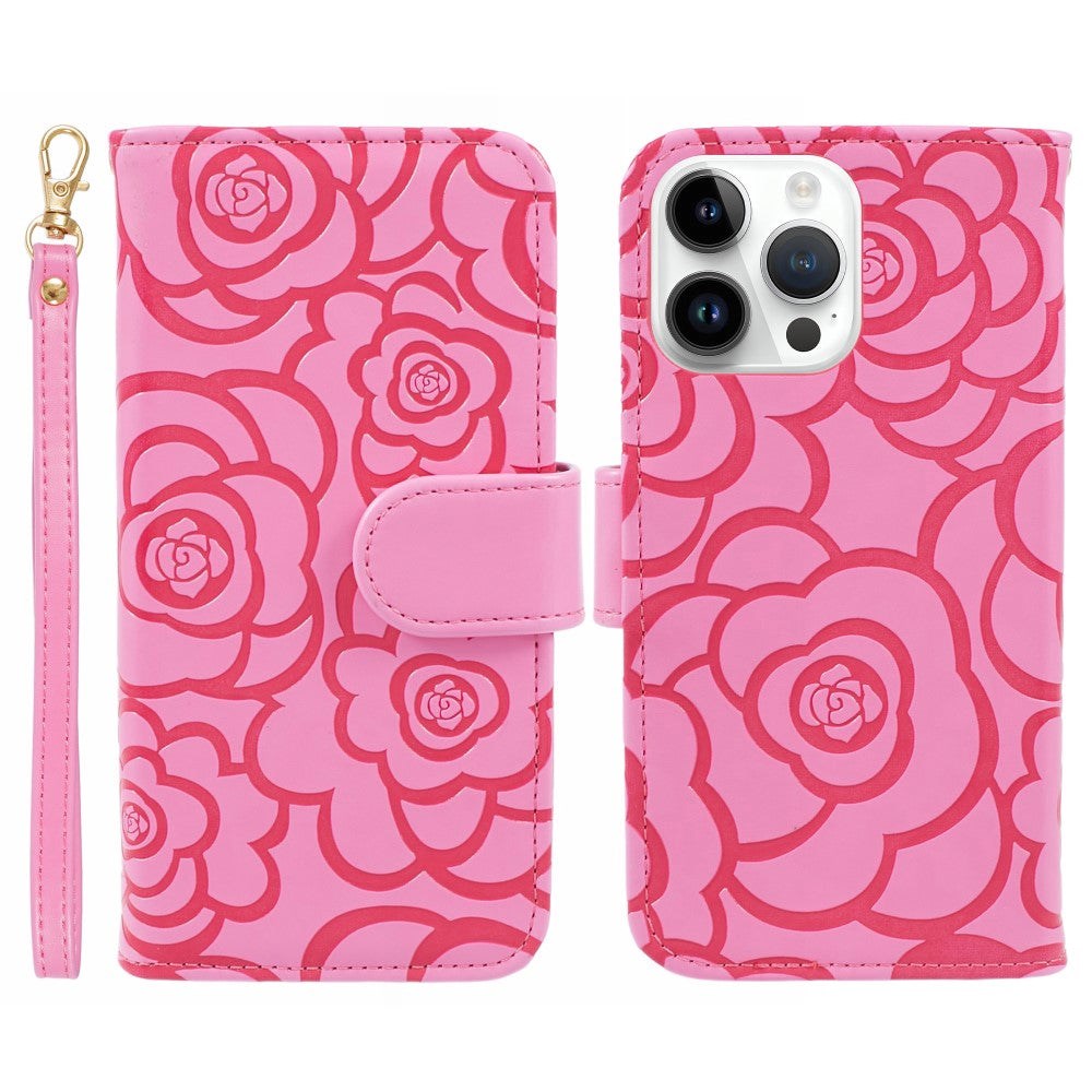 iPhone 15 Pro Artificial Leather Case w. Wallet og Strap - Camellia Flower - Pink