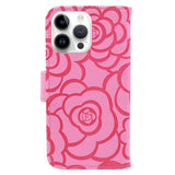 iPhone 15 Pro Artificial Leather Case w. Wallet og Strap - Camellia Flower - Pink