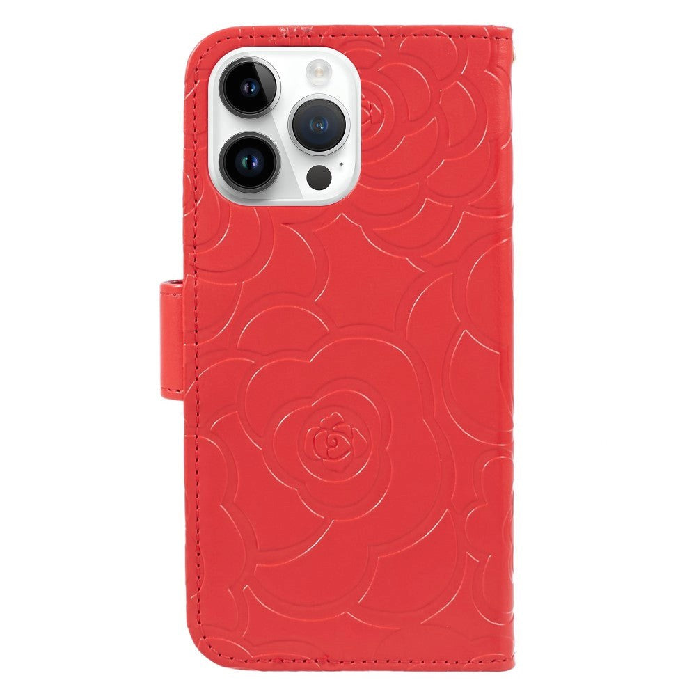 iPhone 15 Pro Artificial Leather Case w. Wallet og Strap - Camellia Flower - Red