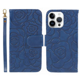 iPhone 15 Pro Artificial Leather Case w. Wallet og Strap - Camellia Flower - Blue