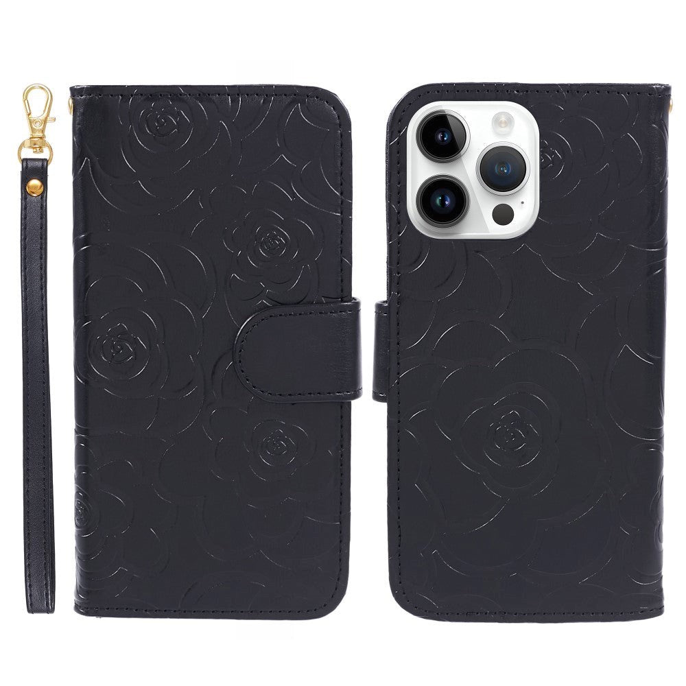 iPhone 15 Pro Artificial Leather Case w. Wallet og Strap - Camellia Flower - Black