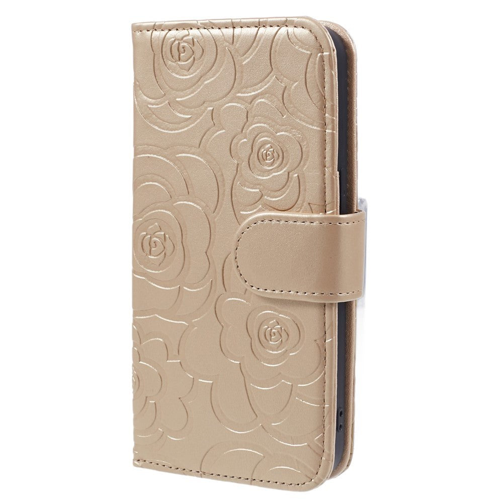 iPhone 15 Pro Artificial Leather Case w. Wallet og Strap - Camellia Flower - Gold