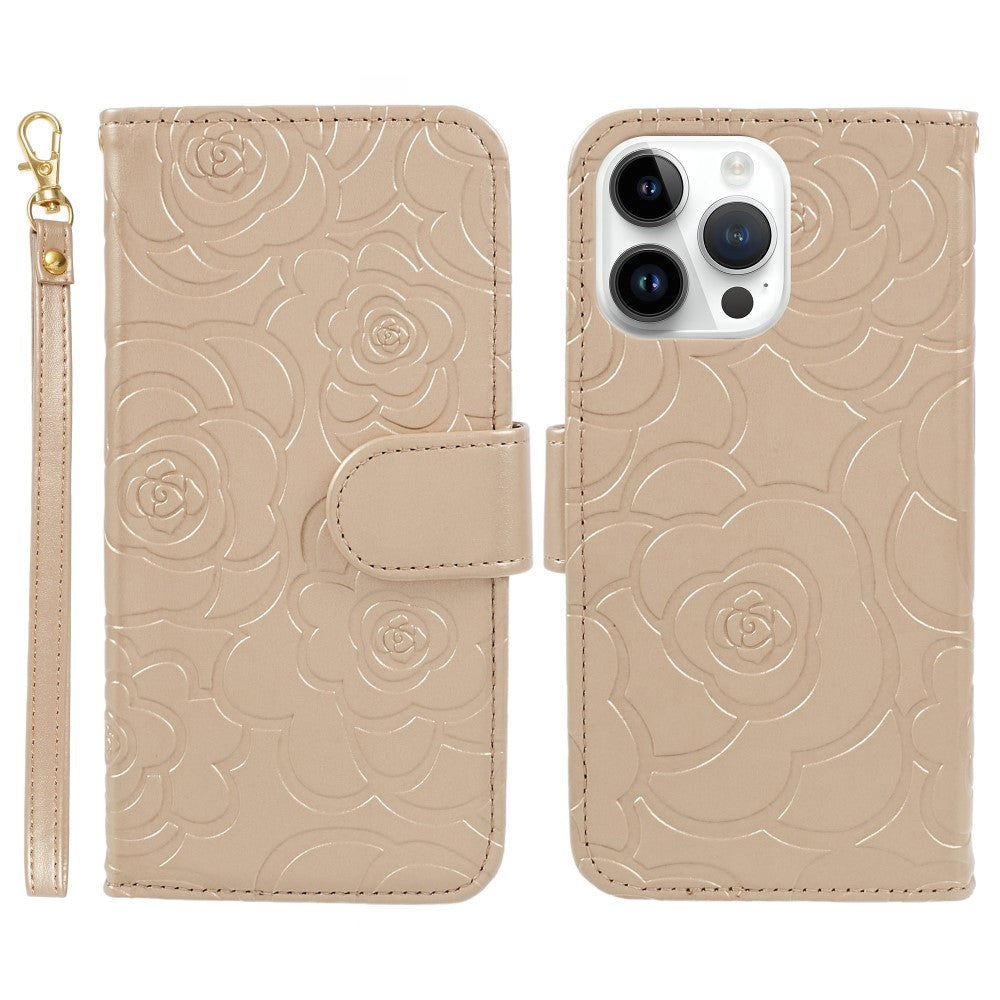 iPhone 15 Pro Artificial Leather Case w. Wallet og Strap - Camellia Flower - Gold