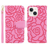 iPhone 15 Plus Artificial Leather Case w. Wallet og Strap - Camellia Flower - Pink