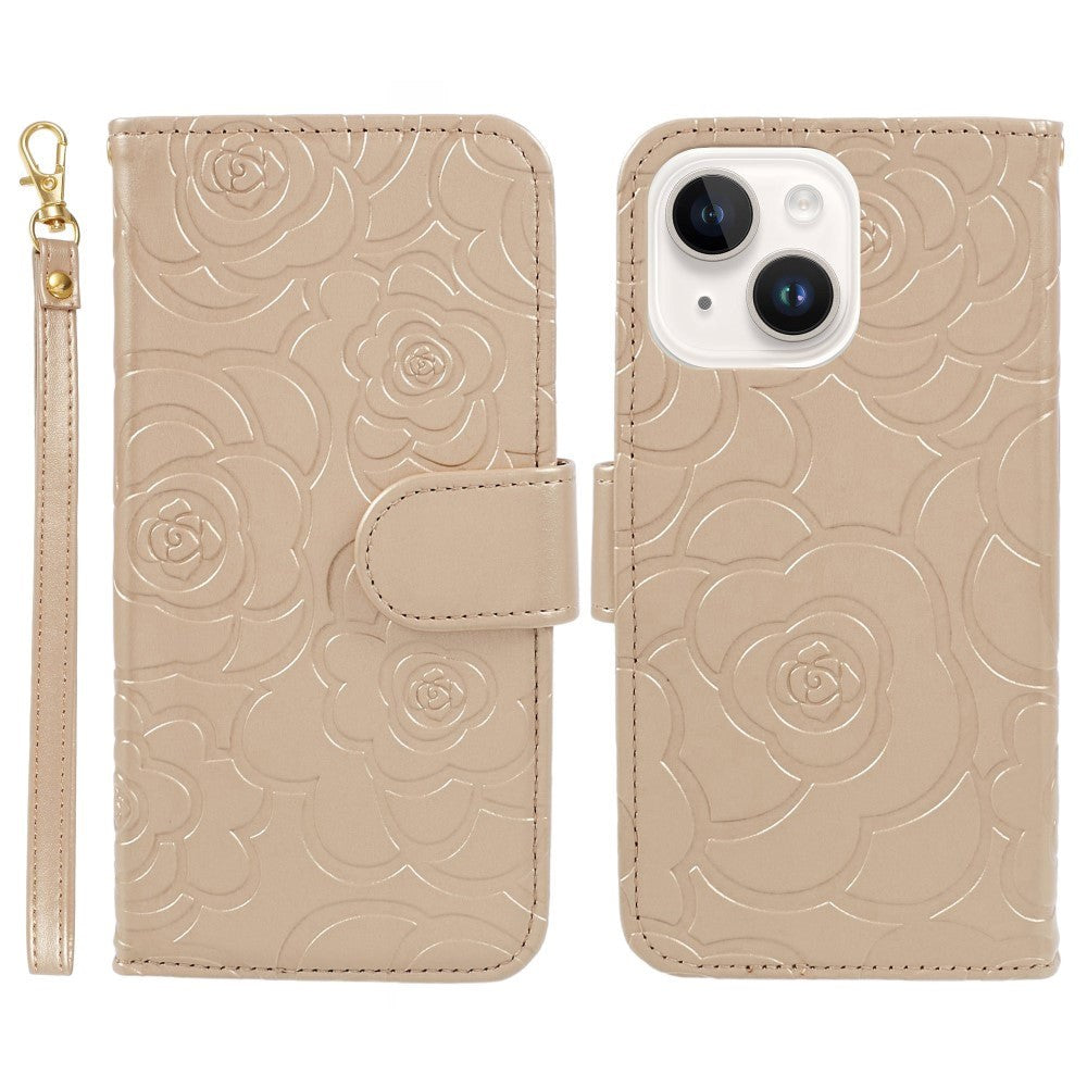 iPhone 15 Plus Artificial Leather Case w. Wallet og Strap - Camellia Flower - Gold