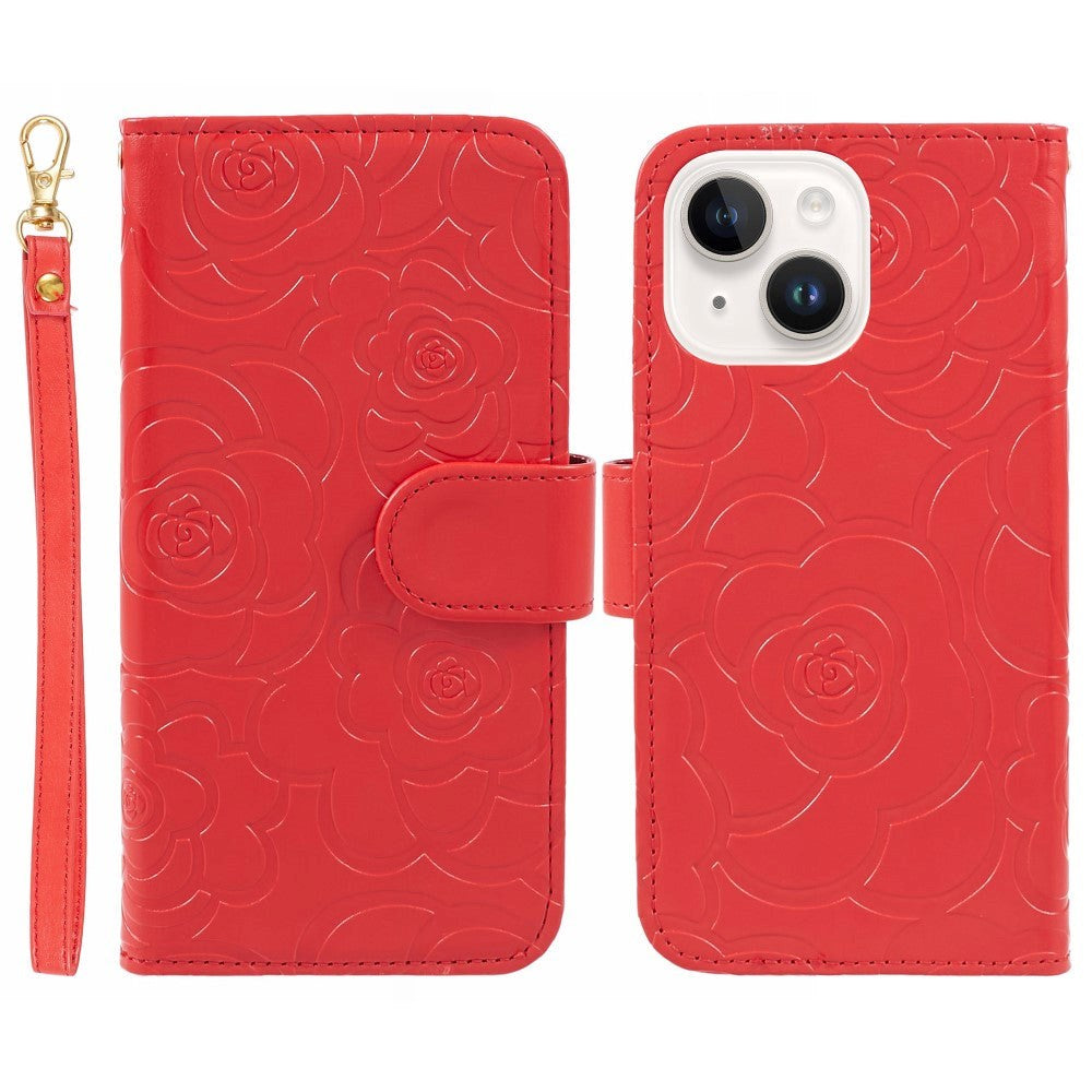 iPhone 15 Plus Artificial Leather Case w. Wallet og Strap - Camellia Flower - Red